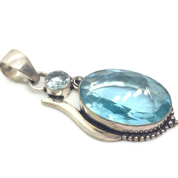 VINTAGE STERLING SILVER 925 LARGE BLUE FACETED GLASS PENDANT ABSTRACT BOHO - Picture 5 of 14